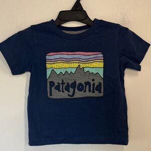 Patagonia Navy Kids Tee with Colorful Mountain Graphic Outdoor Hiking